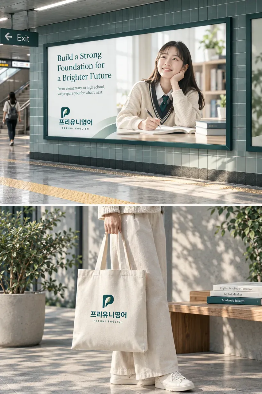 교육·학원 로고 디자인 — 단계적 성장을 담은 세련된 워드마크 학원 로고 브랜드 시스템