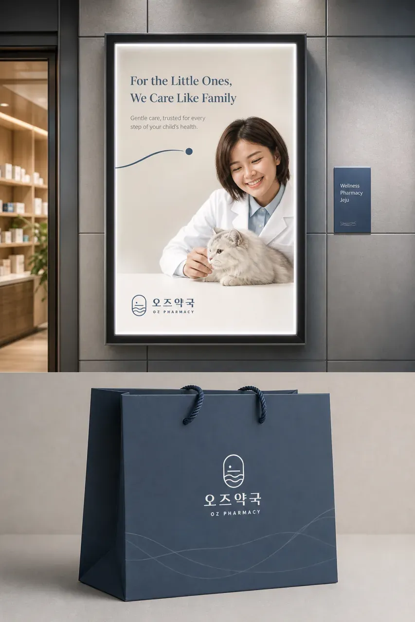 약국·제약 로고 디자인 — 제주 로컬 언어와 동화적 친근함을 담은 웰니스 약국 로고 브랜드 시스템
