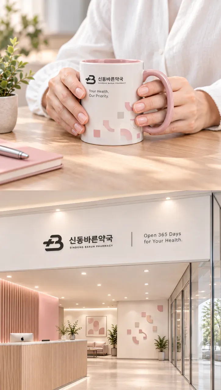 약국·제약 로고 디자인 — 미니멀한 엠블럼 약국 로고 브랜드 시스템