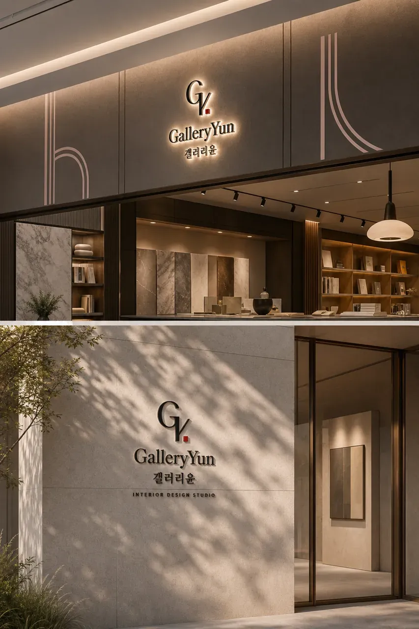 건설·인테리어 로고 디자인 — 고전의 우아함을 담은 갤러리 타이포그래피 건설·인테리어 기업 로고 브랜드 시스템
