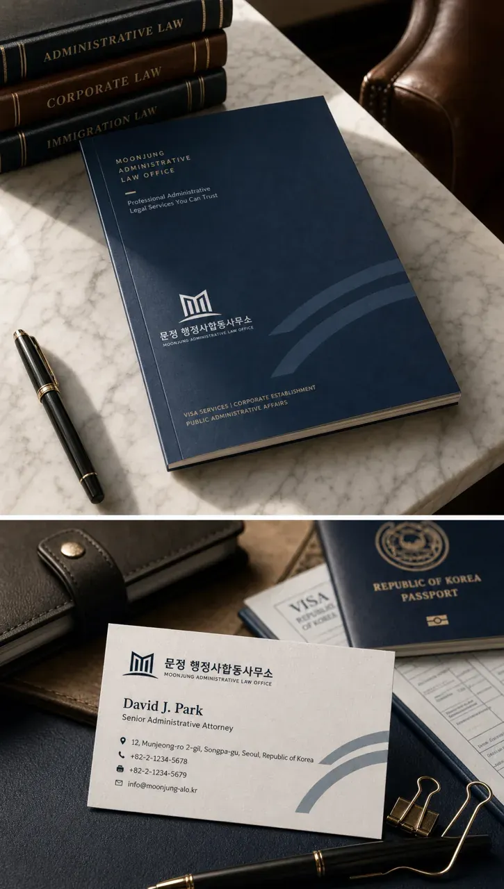 법률·세무·특허 로고 디자인 — 문정 행정사 신뢰의 문을 열다 법률사무소 로고 브랜드 시스템