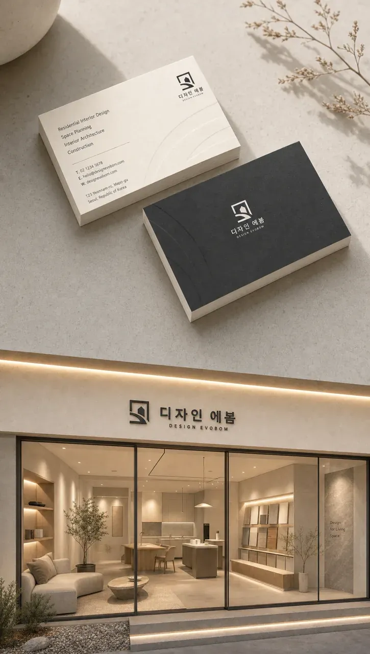 건설·인테리어 로고 디자인 — 에봄 공간의 진화를 담은 미니멀한 봄의 여정 건설·인테리어 기업 로고 브랜드 시스템