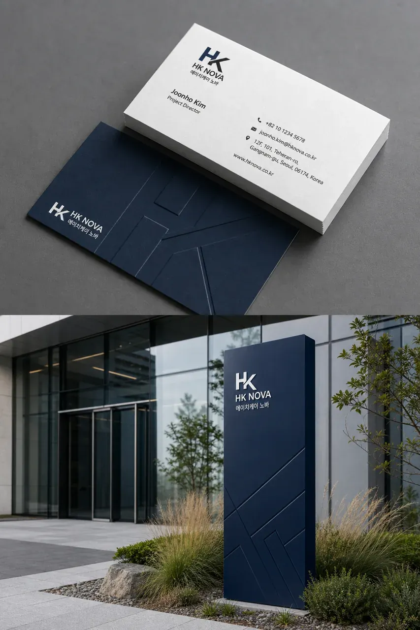 건설·인테리어 로고 디자인 — 모던하고 세련된 조합형 건설·인테리어 기업 로고 브랜드 시스템
