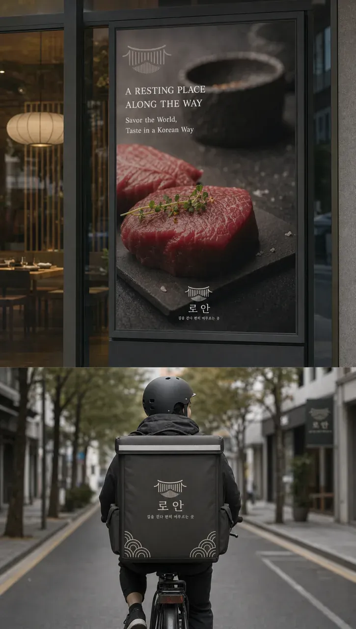 음식점·외식 로고 디자인 — 낯선 길의 쉼표 음식점 로고 브랜드 시스템