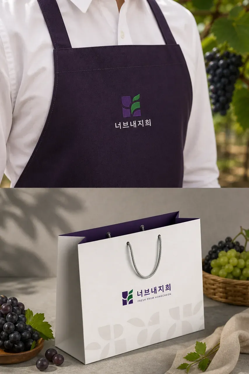 농식품·축산 로고 디자인 — 기하학적 포도로 표현한 농산물의 신선함 농식품 브랜드 로고 브랜드 시스템