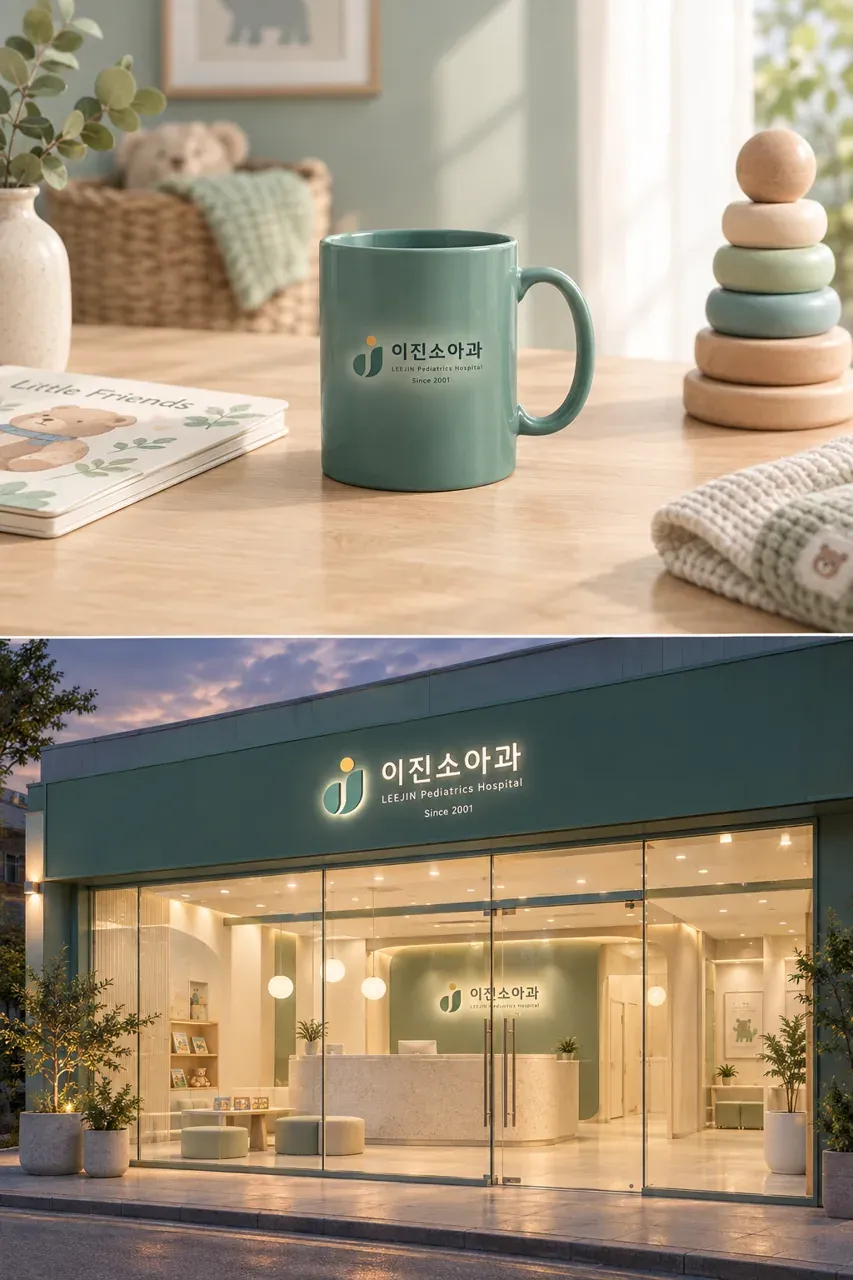 병원·의원 로고 디자인 — 아동의 안전을 감싸는 신뢰의 원형 병원 로고 브랜드 시스템