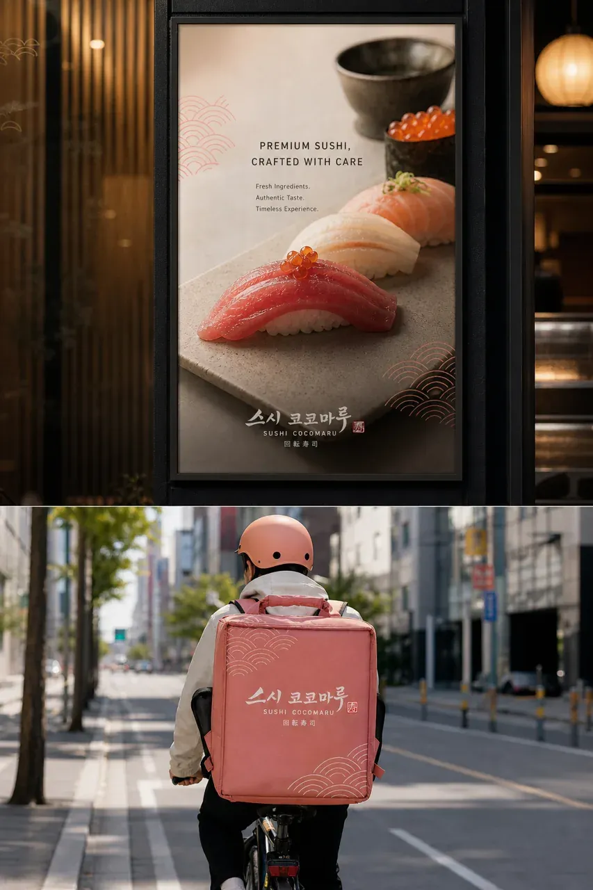 음식점·외식 로고 디자인 — 지나가는 손님도 발걸음 멈추게 하는 스시 루 음식점 로고 브랜드 시스템